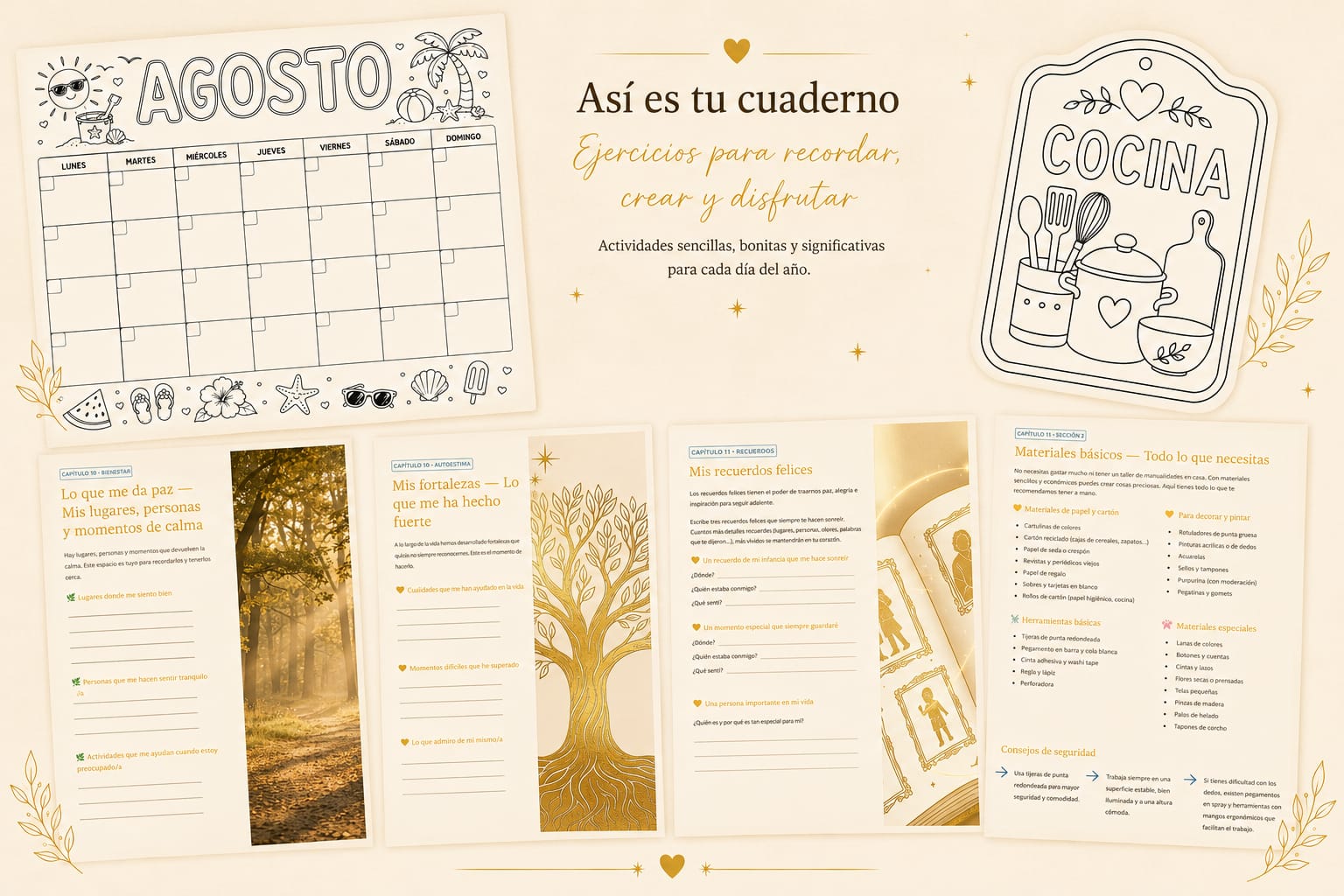 Así es tu cuaderno: páginas interiores con actividades para recordar, crear y disfrutar