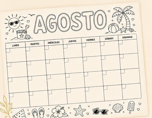 Página interior del cuaderno: calendario del mes para colorear